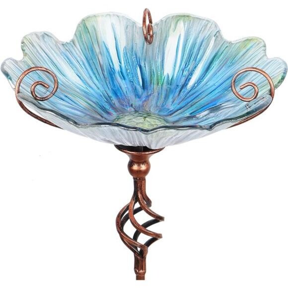 31 Inch Height Glass Birdbath Birdfeeder with Metal Stake Garden Yard - Picture 1 of 8